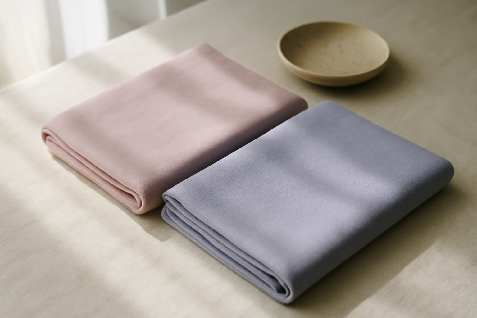 Dua potong kain warna lilac dan lavender dibandingkan di atas meja linen cream